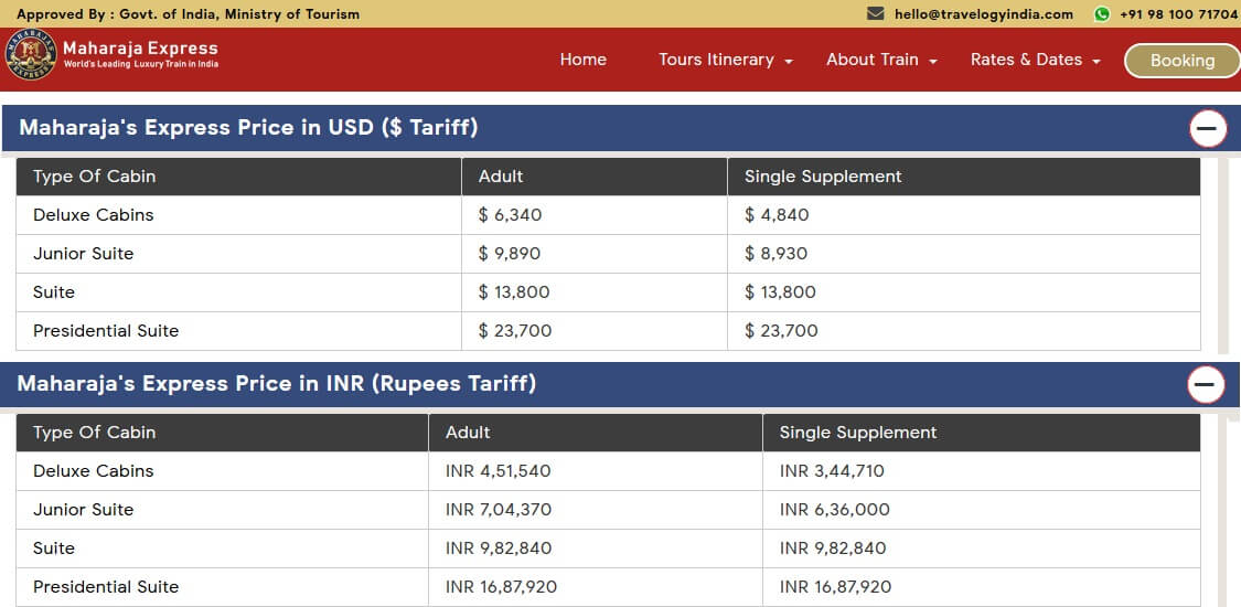 Maharaja Express Fare USD and INR